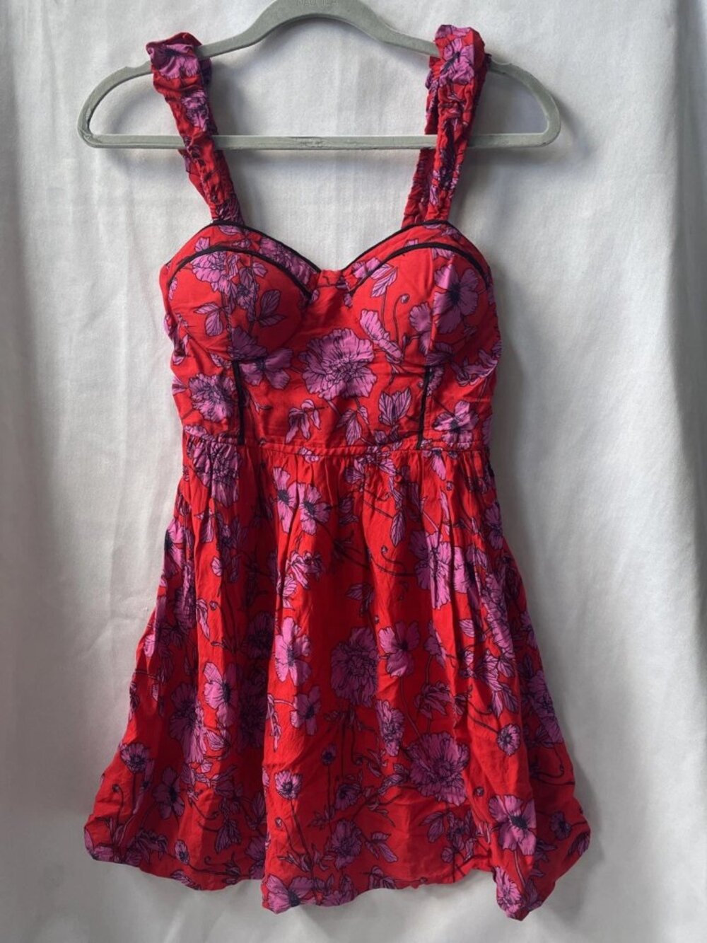Band of the Free Red Floral Smocked Sweetheart Fit Flare Mini Dress Sz S Corset